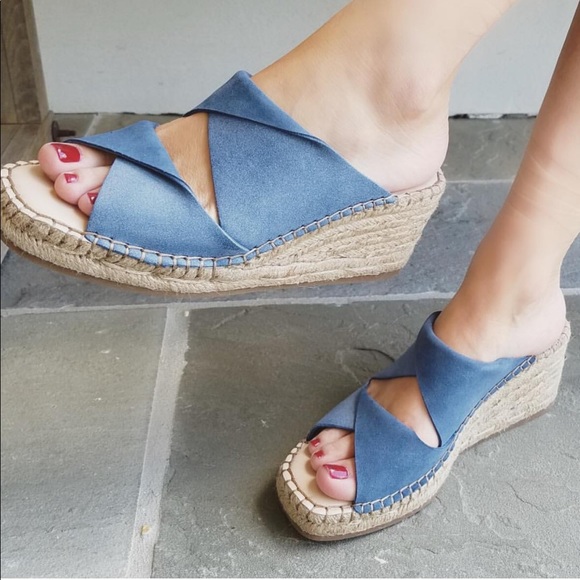 NIB Denim Blue Leather Espadrille Heel Mule Slides - Picture 3 of 7